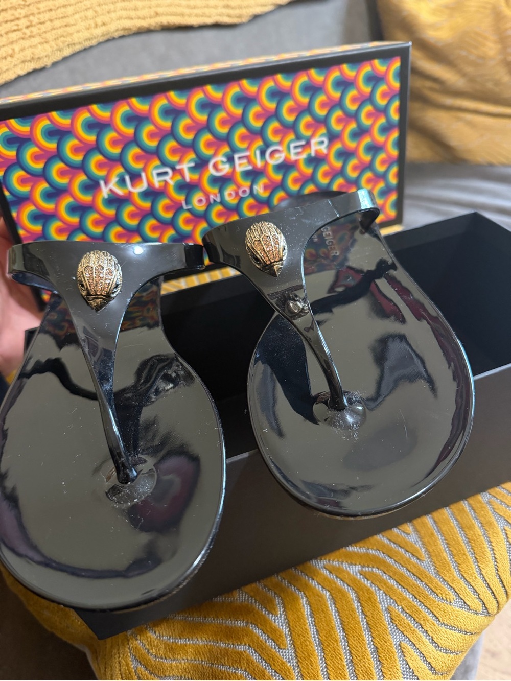 Kurt Geiger Black Jelly Thong Sandals with Gold Shell Accent